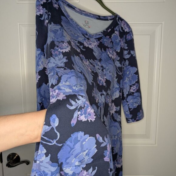 Isaac Mizrahi Live! Blue Floral Pima V-Neck Swing Dress Women's Small Petite - Picture 4 of 6